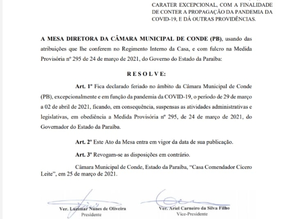 Câmara Municipal de Conde decreta suspensão das atividades para conter propagação da pandemia da Covid-19