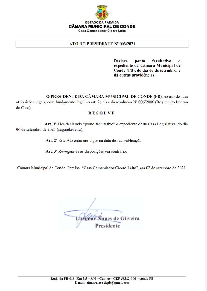 Câmara Municipal de Conde declara ponto facultativo nesta segunda-feira (6)